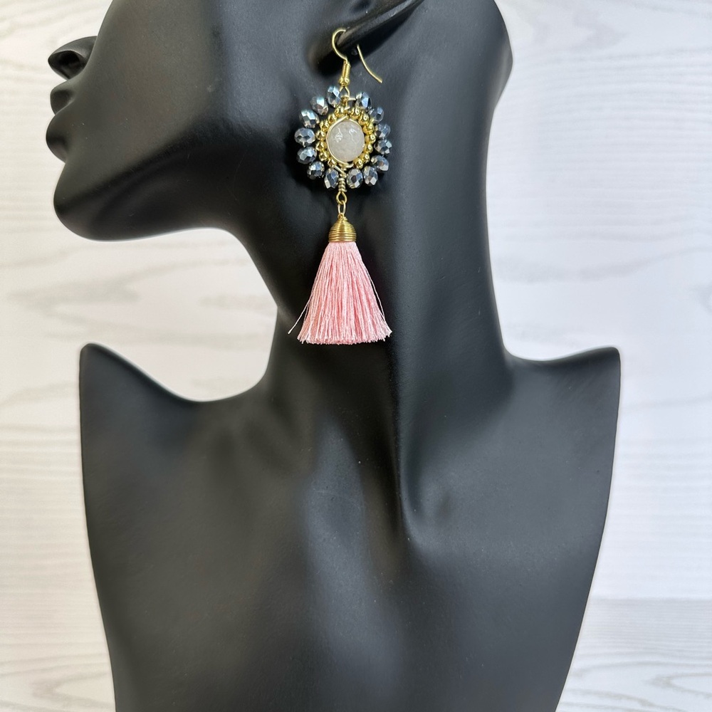 New handmade gray Pink Gold Tassel Earrings w 14k gold platted